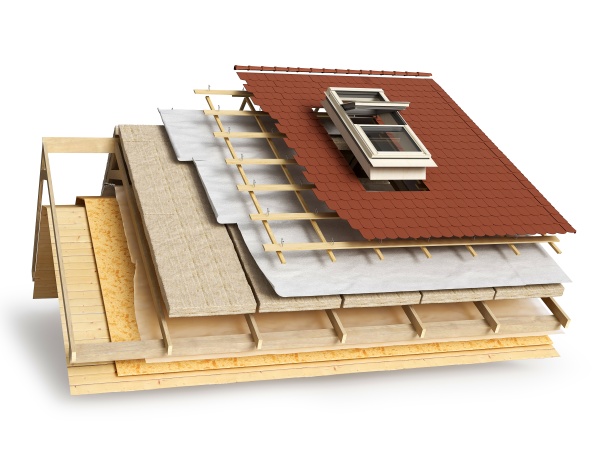 Layered scheme of roof covering and window installing, 3d illustration